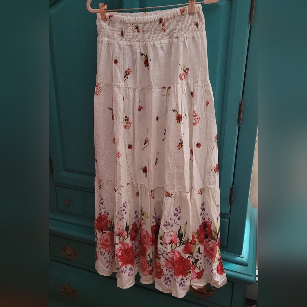 Floral Tiered Off White/Cream Maxi Skirt with Pink & Red Roses